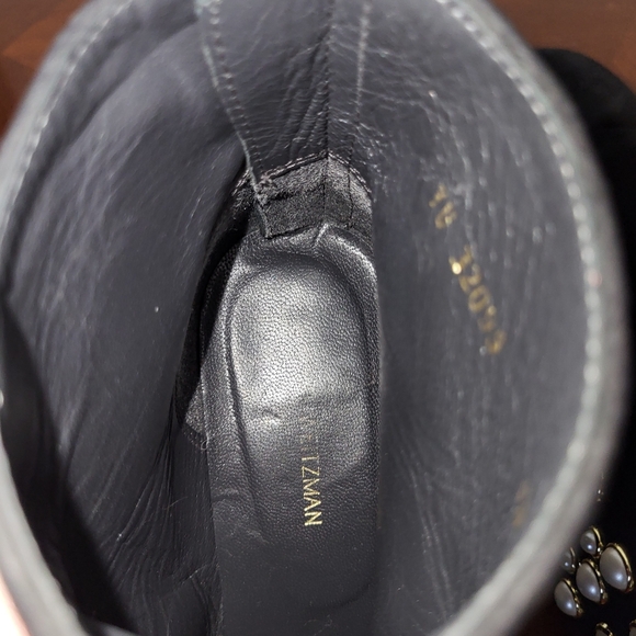 Stuart Weitzman Black Suede Bacari Ankle Boots with Pearl Embellished Heel 5.5 M - Picture 9 of 12